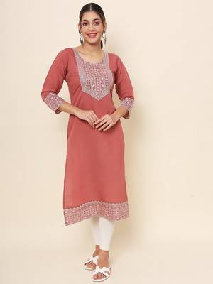 Rust Colour Smart Resham Work Cotton Fabric Casual Wear Kurti 1