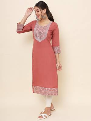 Rust Colour Smart Resham Work Cotton Fabric Casual Wear Kurti 4