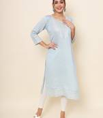 Sky Blue Colour Smart Resham Work Cotton Fabric Casual Wear Kurti