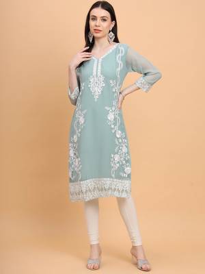 Sky Blue Colour Smart Thread Embroidery Work Festive Georgette Kurti 1