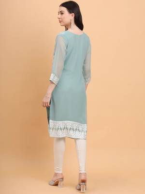 Sky Blue Colour Smart Thread Embroidery Work Festive Georgette Kurti 2