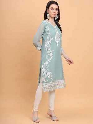 Sky Blue Colour Smart Thread Embroidery Work Festive Georgette Kurti 4