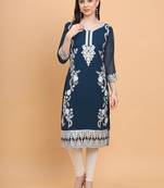 Petrol Colour Smart Thread Embroidery Work Festive Georgette Kurti