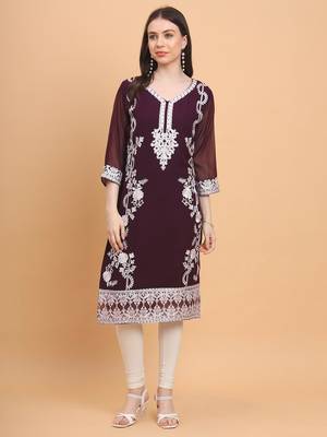 Wine Colour Smart Thread Embroidery Work Festive Georgette Kurti 1