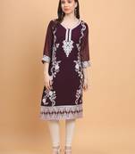 Wine Colour Smart Thread Embroidery Work Festive Georgette Kurti