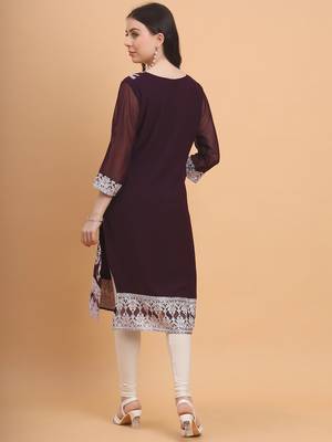 Wine Colour Smart Thread Embroidery Work Festive Georgette Kurti 2