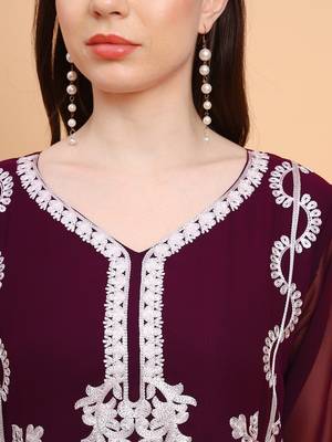 Wine Colour Smart Thread Embroidery Work Festive Georgette Kurti 3