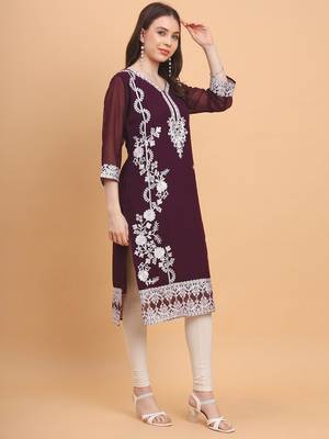 Wine Colour Smart Thread Embroidery Work Festive Georgette Kurti 4