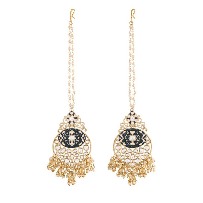 Gold Plated Intricately Designed Traditional Earrings with Detachable Hair Chain Encased With Kundans & Pearls