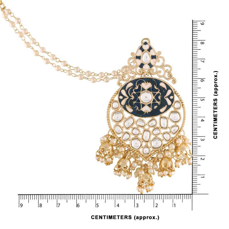 Gold Plated Intricately Designed Traditional Earrings with Detachable Hair Chain Encased With Kundans & Pearls