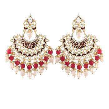 Gold Plated, Enamel Kundan Stones & Pearl Earrings For Women 2