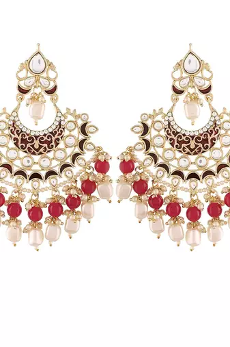 Gold Plated, Enamel Kundan Stones & Pearl Earrings For Women