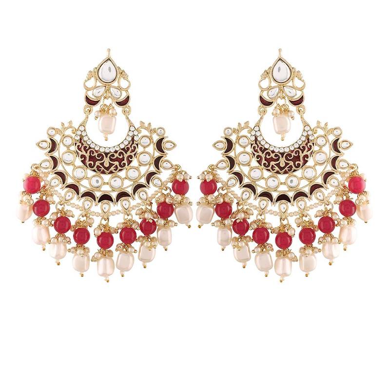 Gold Plated, Enamel Kundan Stones & Pearl Earrings For Women