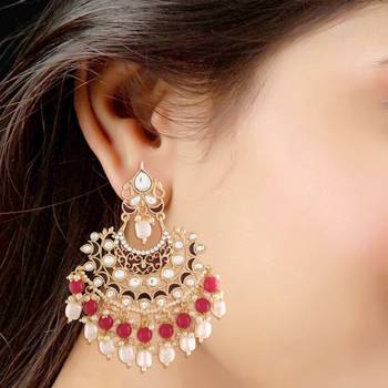 Gold Plated, Enamel Kundan Stones & Pearl Earrings For Women 3