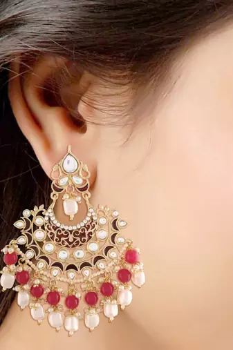 Gold Plated, Enamel Kundan Stones & Pearl Earrings For Women