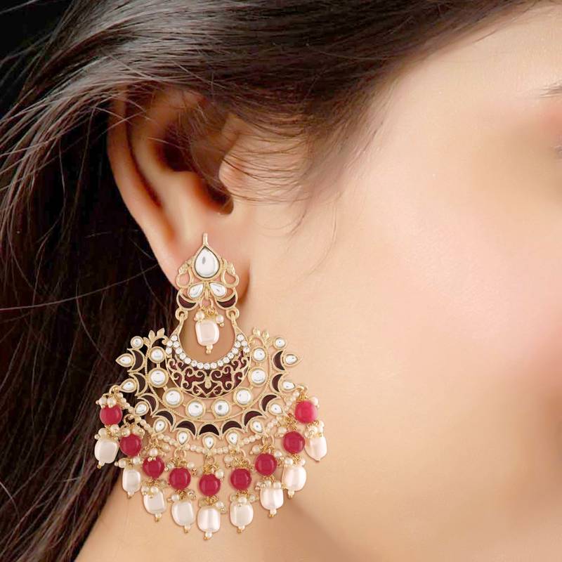 Gold Plated, Enamel Kundan Stones & Pearl Earrings For Women