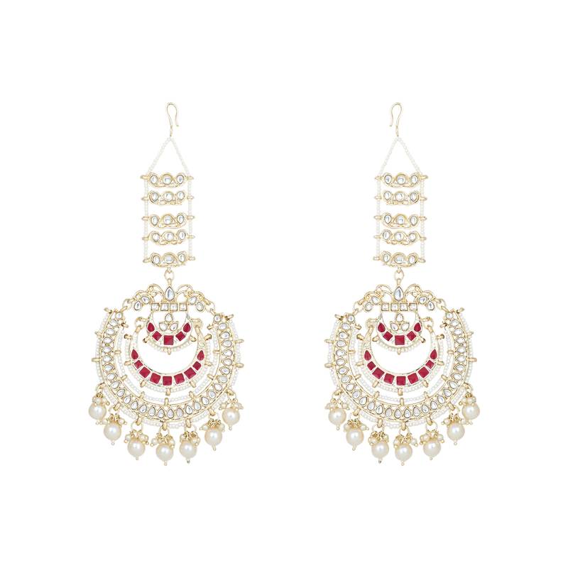 Gold Plated Traditional Kundan Studded Hanging Pearl Earrings With Ear Chain For Women/Girls 
