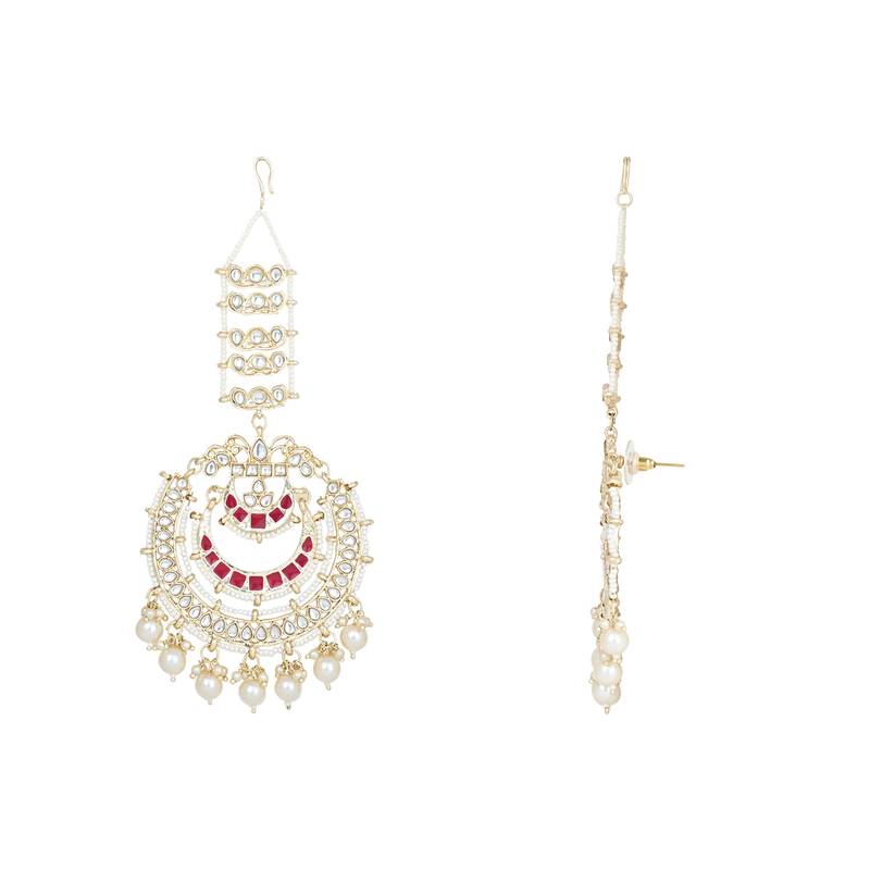Gold Plated Traditional Kundan Studded Hanging Pearl Earrings With Ear Chain For Women/Girls 