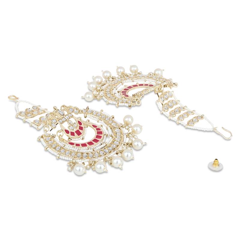 Gold Plated Traditional Kundan Studded Hanging Pearl Earrings With Ear Chain For Women/Girls 