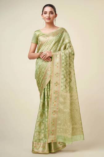 Green Organza Faux Kanjeevaram Woven Saree With Unstitched Blouse Piece