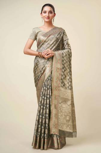 Grey Organza Faux Kanjeevaram Woven Saree With Unstitched Blouse Piece