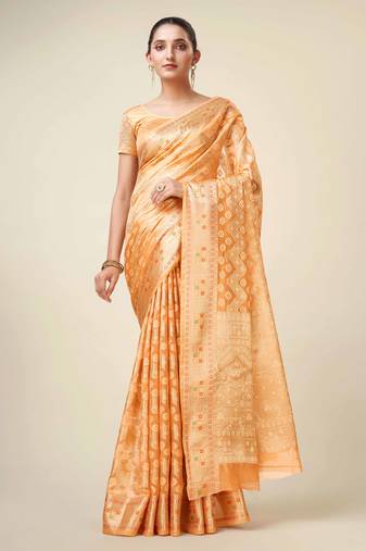 Peach Organza Faux Kanjeevaram Woven Saree With Unstitched Blouse Piece