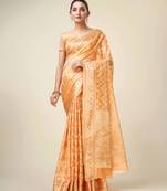 Peach Organza Faux Kanjeevaram Woven Saree With Unstitched Blouse Piece