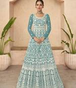 Beautiful Sky Blue Colour Lukhnowi Embroidery Work For Diva Party Looks