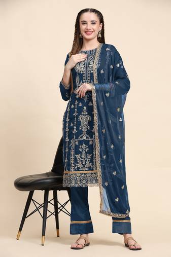 Blue Colour Zari Work Partywear Salwaar Kameez For Party Looks