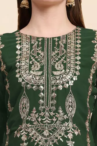 Green Colour Zari Work Partywear Salwaar Kameez For Party Looks