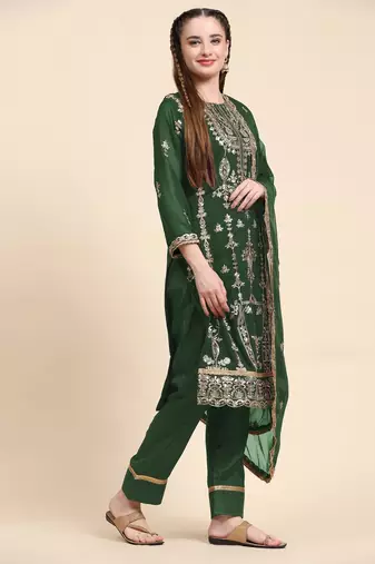 Green Colour Zari Work Partywear Salwaar Kameez For Party Looks