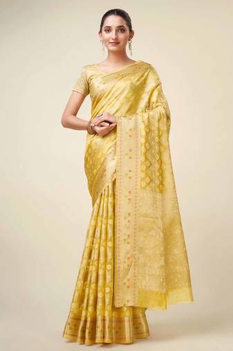 Yellow Organza Faux Kanjeevaram Woven Saree With Unstitched Blouse Piece