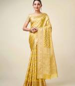 Yellow Organza Faux Kanjeevaram Woven Saree With Unstitched Blouse Piece