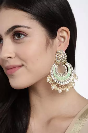 Gold Plated Enamel/Meenakari Big Chandbali Earrings Glided With Kundan & Pearl for Women 