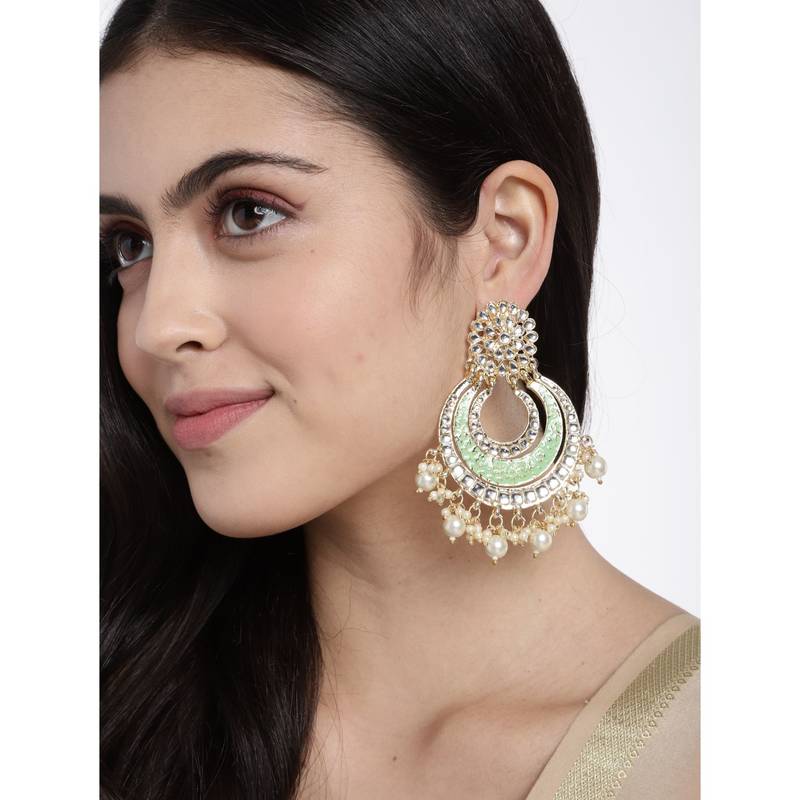 Gold Plated Enamel/Meenakari Big Chandbali Earrings Glided With Kundan & Pearl for Women 