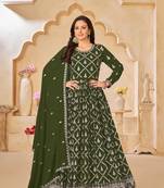 Heavy Zari Work Mahendi Colour Wedding Wear Anarkali Dress