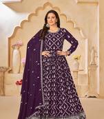 Heavy Zari Work Purple Colour Wedding Wear Anarkali Dress
