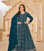 Heavy Zari Work Teal Blue Colour Wedding Wear Anarkali Dress