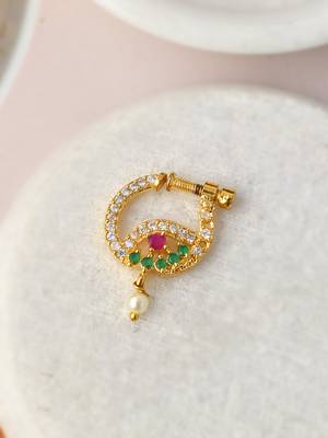 Gold plated green & pink stone studded floral meenakari nose ring 1