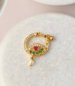 Gold plated green & pink stone studded floral meenakari nose ring