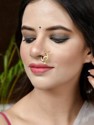 Gold plated green & pink stone studded floral meenakari nose ring 2