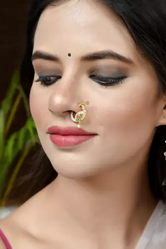 Gold plated green & pink stone studded floral meenakari nose ring