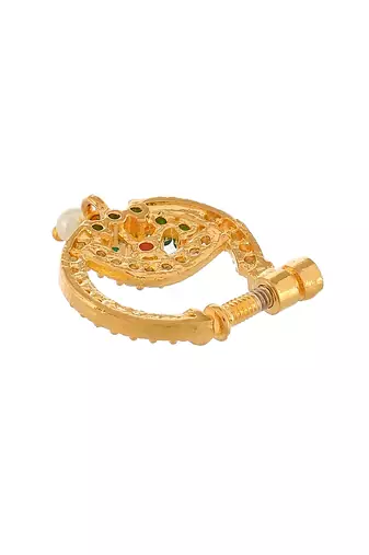 Gold plated green & pink stone studded floral meenakari nose ring