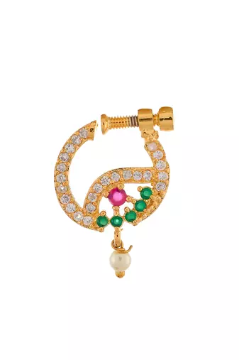 Gold plated green & pink stone studded floral meenakari nose ring