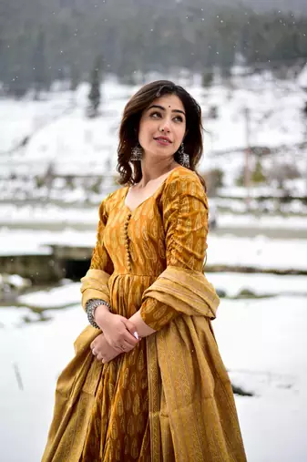 Glamorous Mustard Colour Fancy And Elegant Partywear Girlish Dress