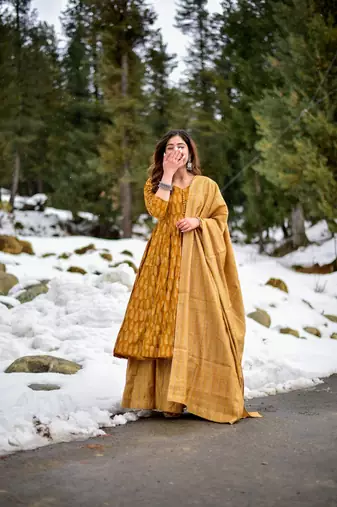 Glamorous Mustard Colour Fancy And Elegant Partywear Girlish Dress