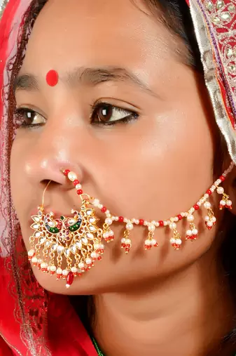 Gold plated pearl meenakari rajputi nosering