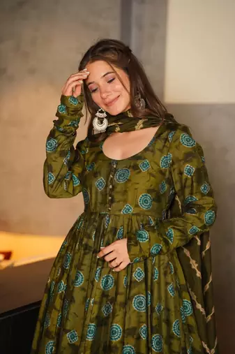 Glamorous Green Colour Fancy And Elegant Partywear Girlish Dress
