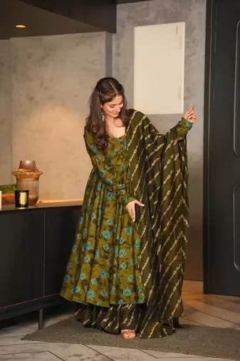 Glamorous Green Colour Fancy And Elegant Partywear Girlish Dress