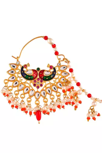 Gold plated pearl meenakari rajputi nosering